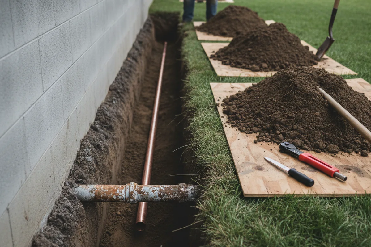 Excavated water line trench during Water Heater Repair in Lyle